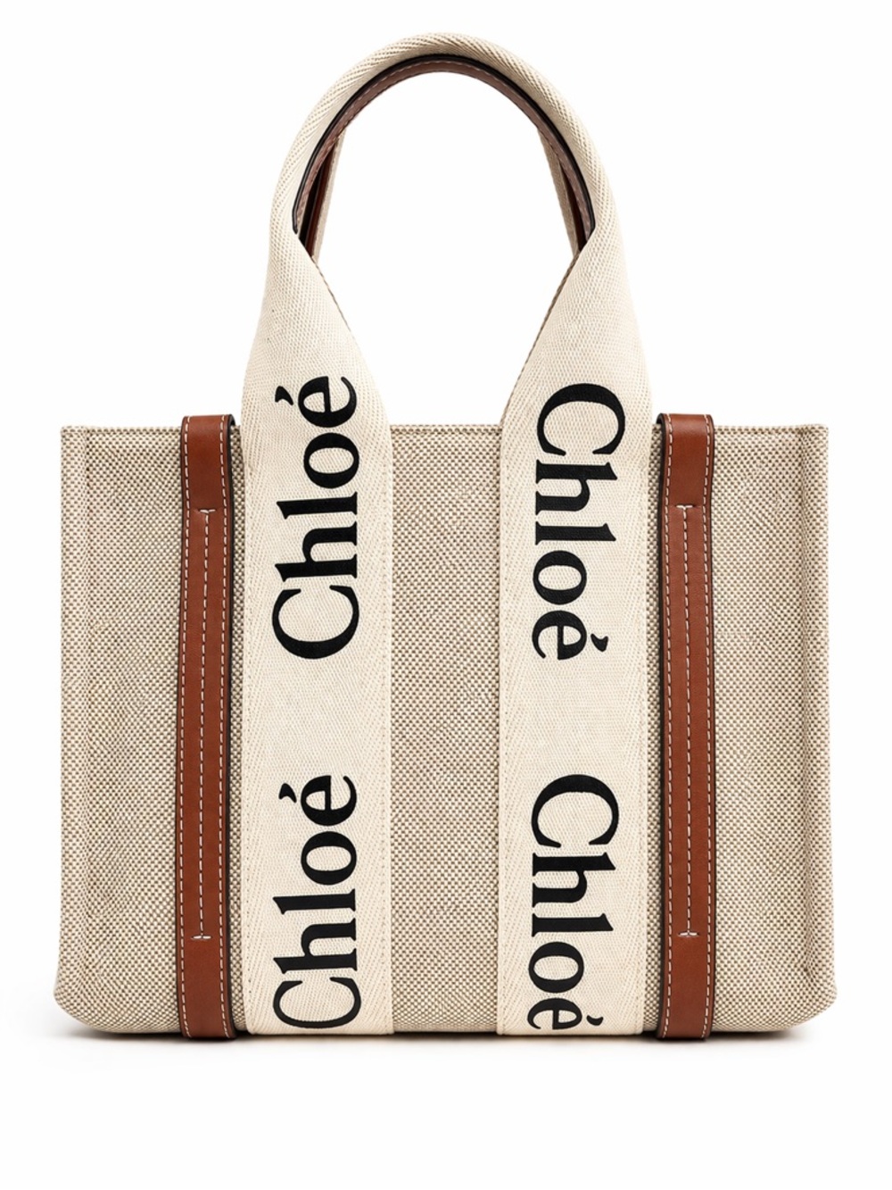 Chloé Beige Canvas Tote with Brown Leather Trim and Black Logo Straps